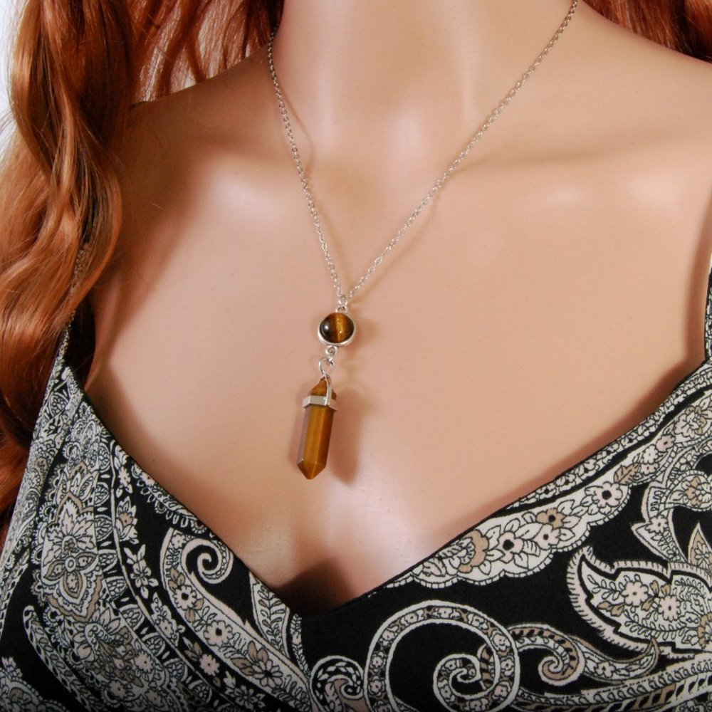 Tiger's Eye Stone Bullet Shape Silvertone Necklace - Picture 2 of 6